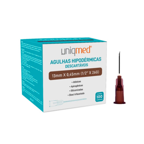 Agulha Hipodérmica 13mm x 0,45mm (26G x 1/2) (Marrom) 100 unidades Uniqmed