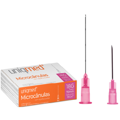 Microcanulas 18g (1,25 mm) x 70mm com agulha auxiliar 18x1 com 24 unidades 